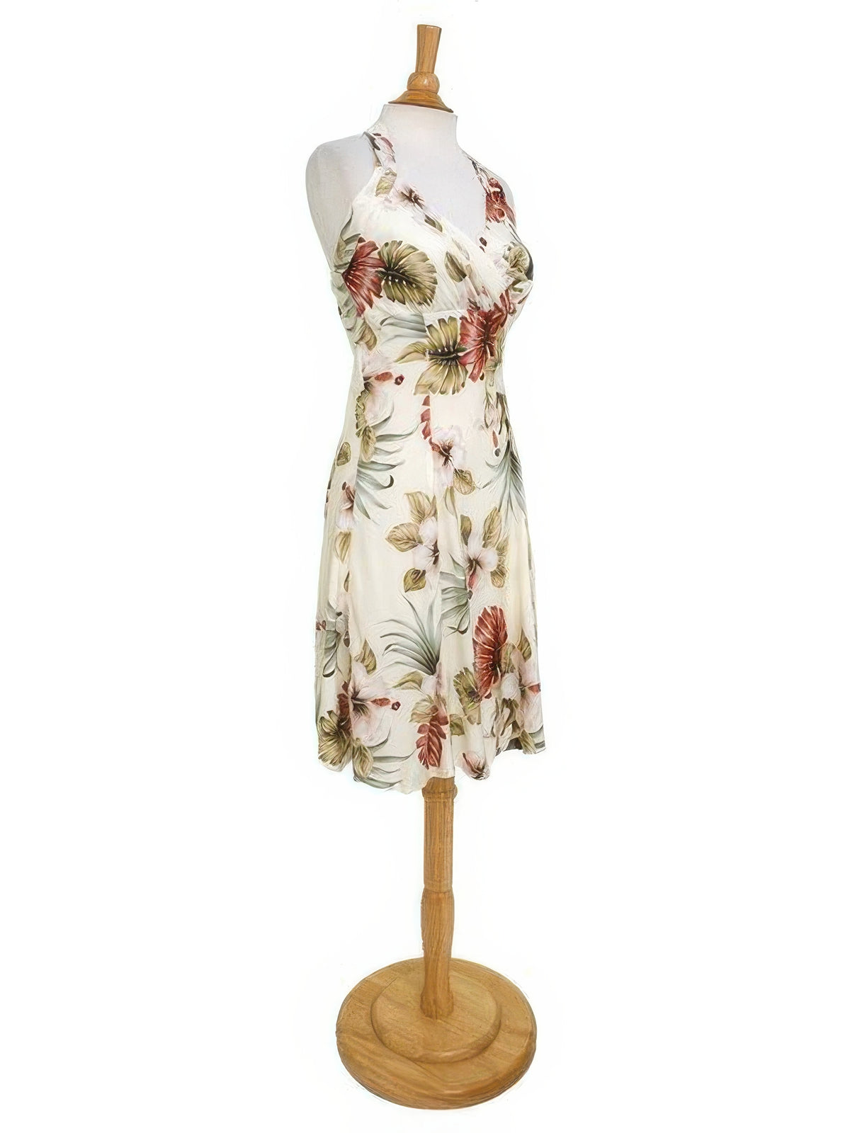 Royal Hawaiian Creations - Hibiscus & Monstera Cream Rayon Hawaiian Halter Neck Midi Dress S Royal Hawaiian Creations - Hibiscus & Monstera Cream Rayon Hawaiian Halter Neck Midi Dress S