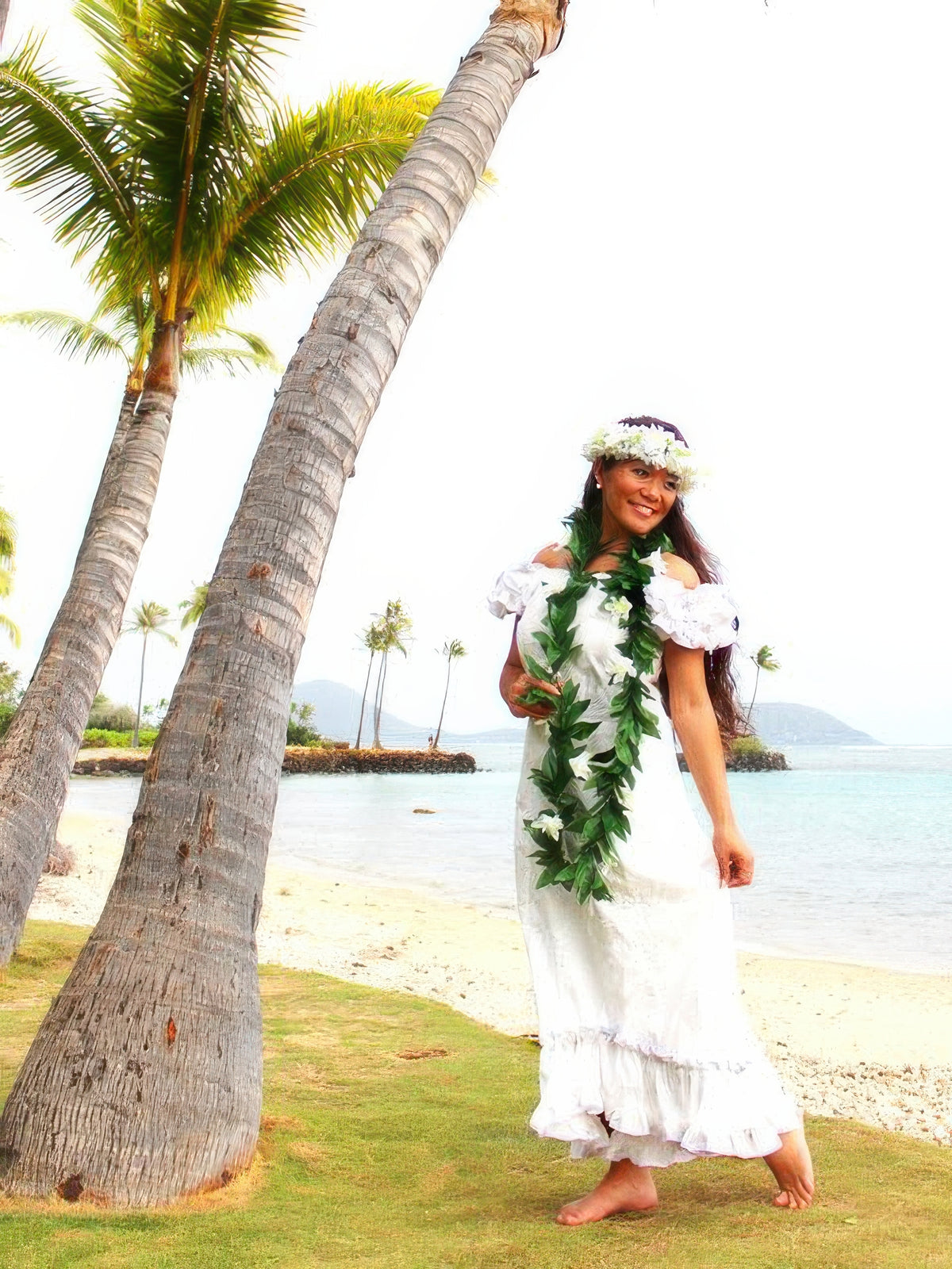 Pacific Legend - Hibiscus White on White Cotton Hawaiian Ruffle Long Muumuu Dress M Pacific Legend - Hibiscus White on White Cotton Hawaiian Ruffle Long Muumuu Dress M