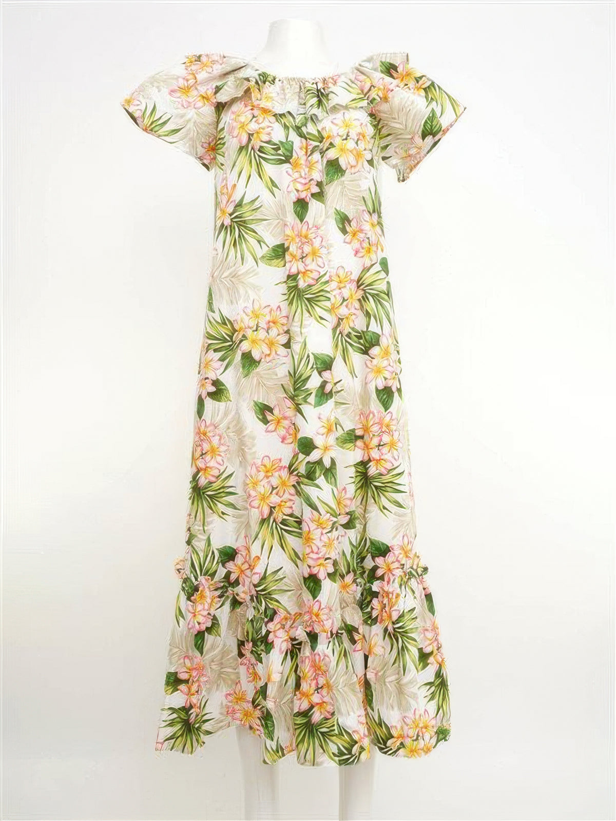 KY's - Plumeria Dream White Cotton Hawaiian Long Muumuu Dress