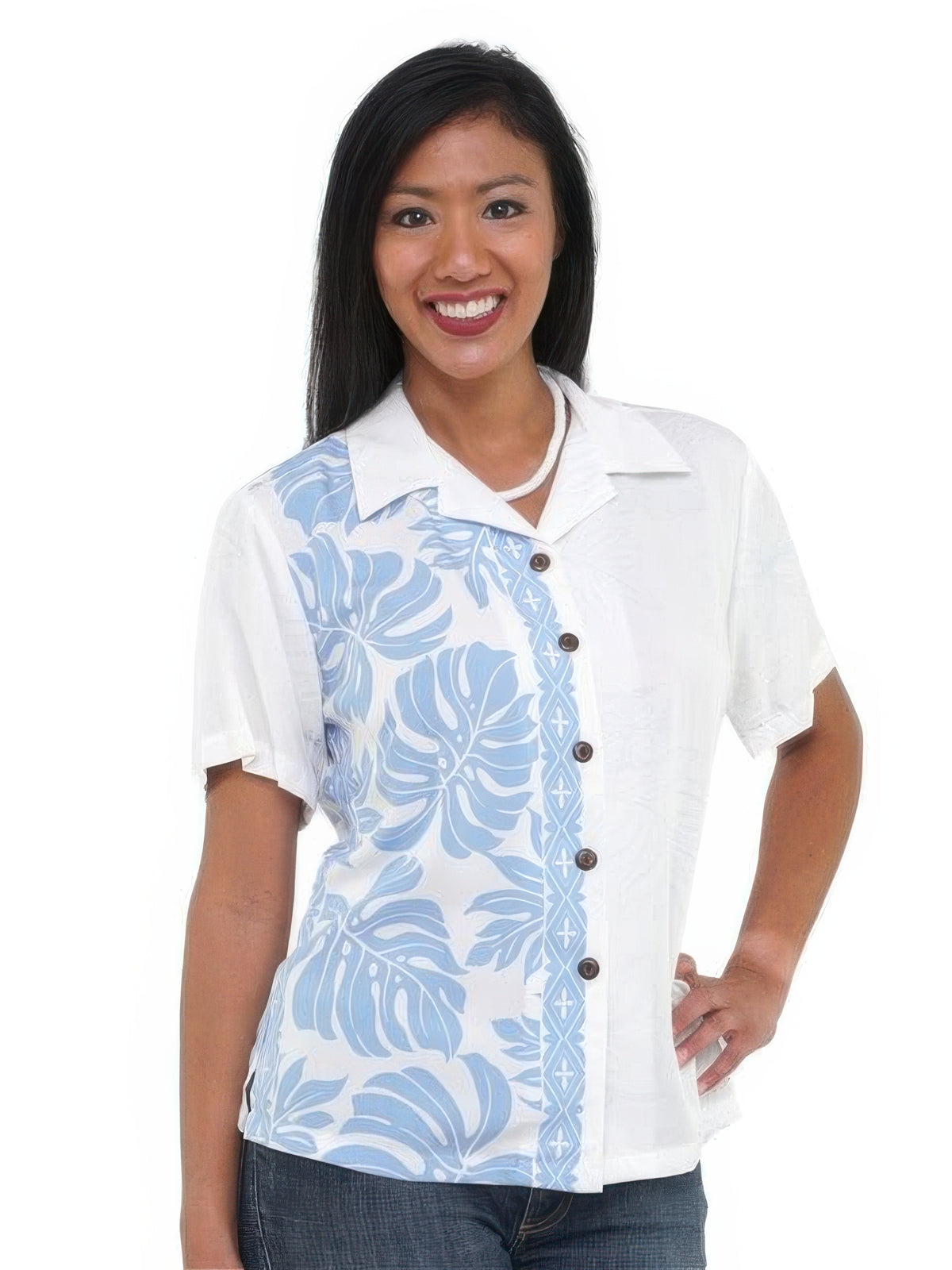 Hilo Hattie - Prince Kuhio White & Blue Rayon Women's Hawaiian Shirt