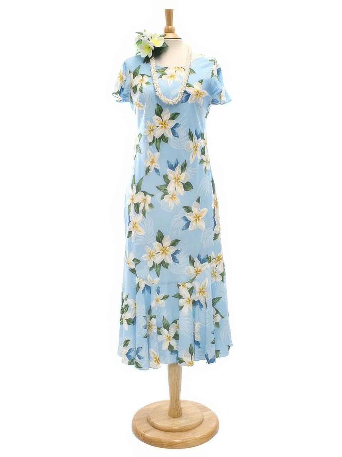 Two Palms - Plumeria Light Blue Rayon Hawaiian Long Dress M Two Palms - Plumeria Light Blue Rayon Hawaiian Long Dress M