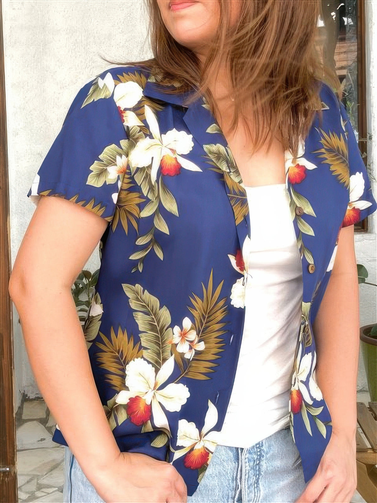 Two Palms - Hawaiian Orchid Navy Rayon Women's Hawaiian Shirt