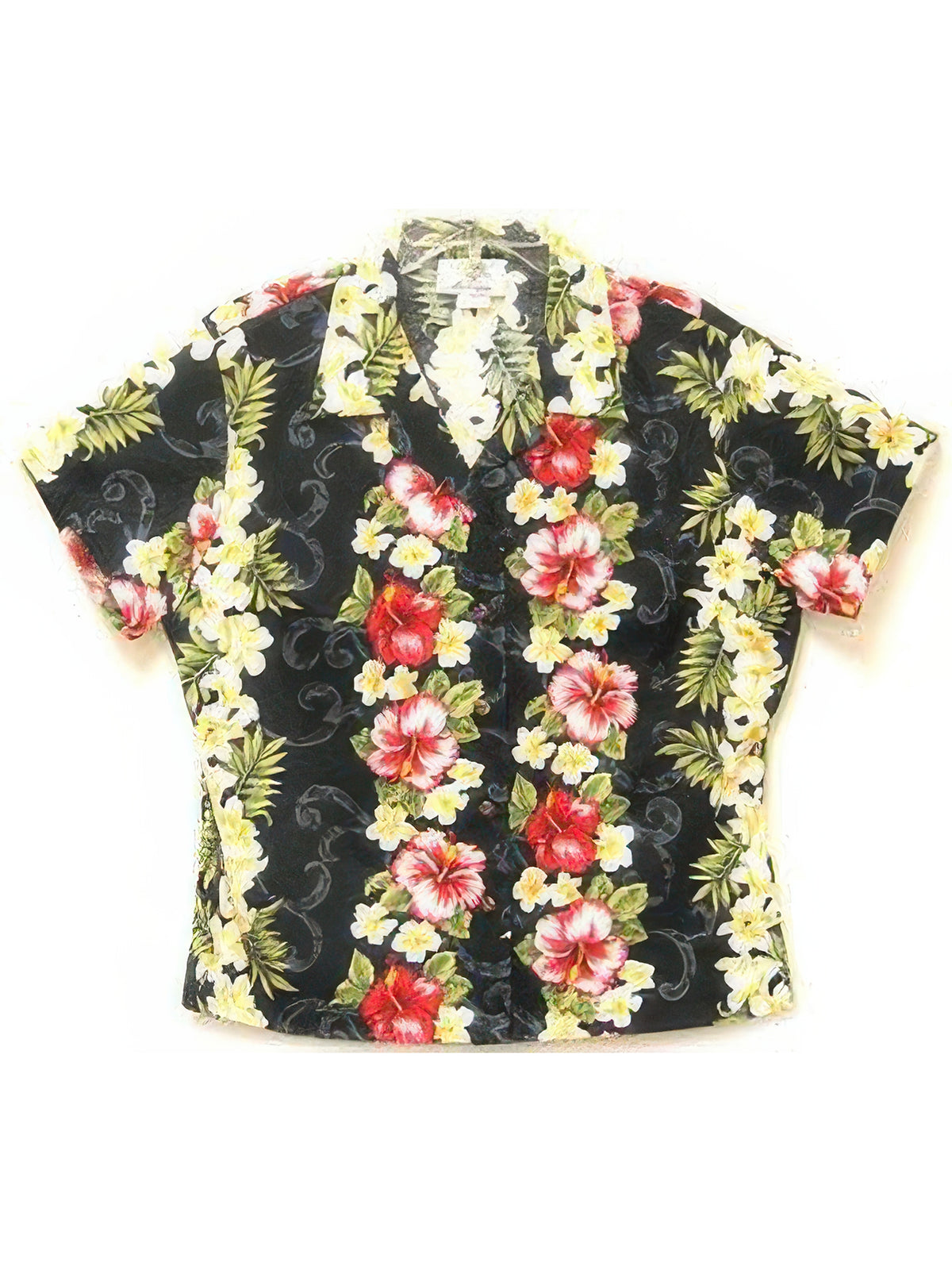 Two Palms - Plumeria Panel Black Cotton Women's Hawaiian Shirt