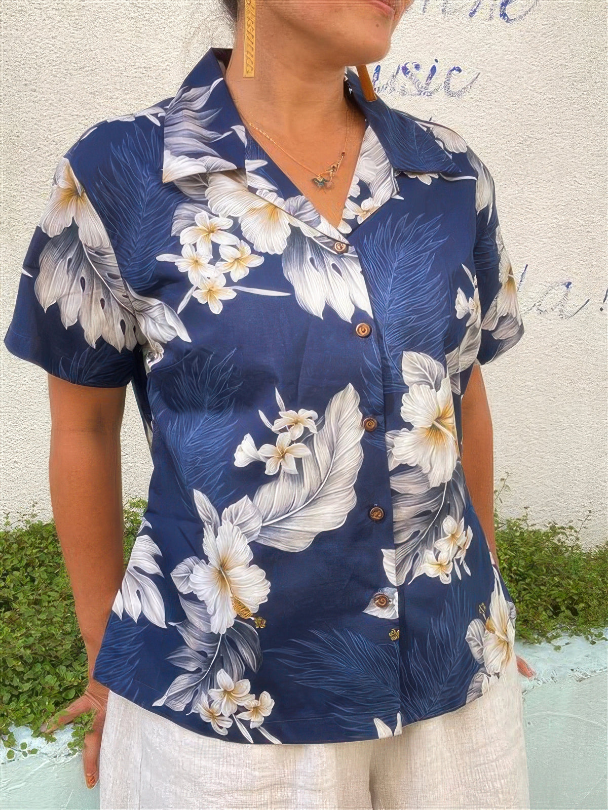 Pacific Legend - Hibiscus Navy Cotton Women's Fitted Hawaiian Shirt