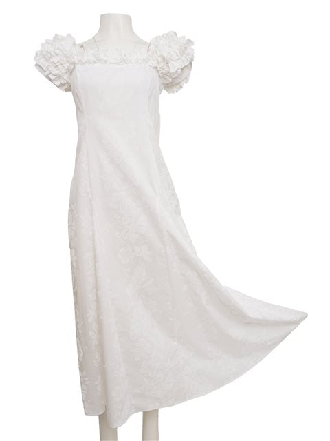 A white long dress with a square neckline, puff sleeves, and a flared skirt, featuring a zipper at the back.