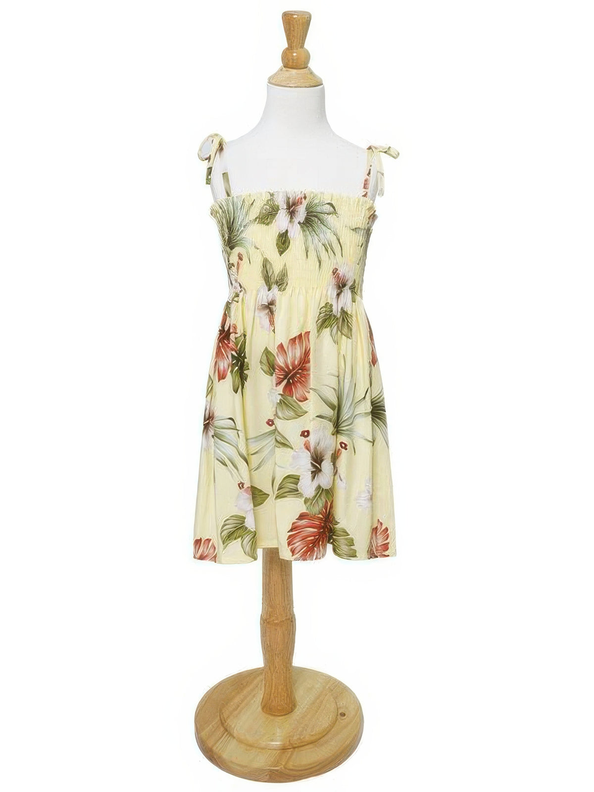 Royal Hawaiian Creations - Hibiscus & Monstera Light Yellow Rayon Girls Hawaiian Elastic Strap Tube Dress