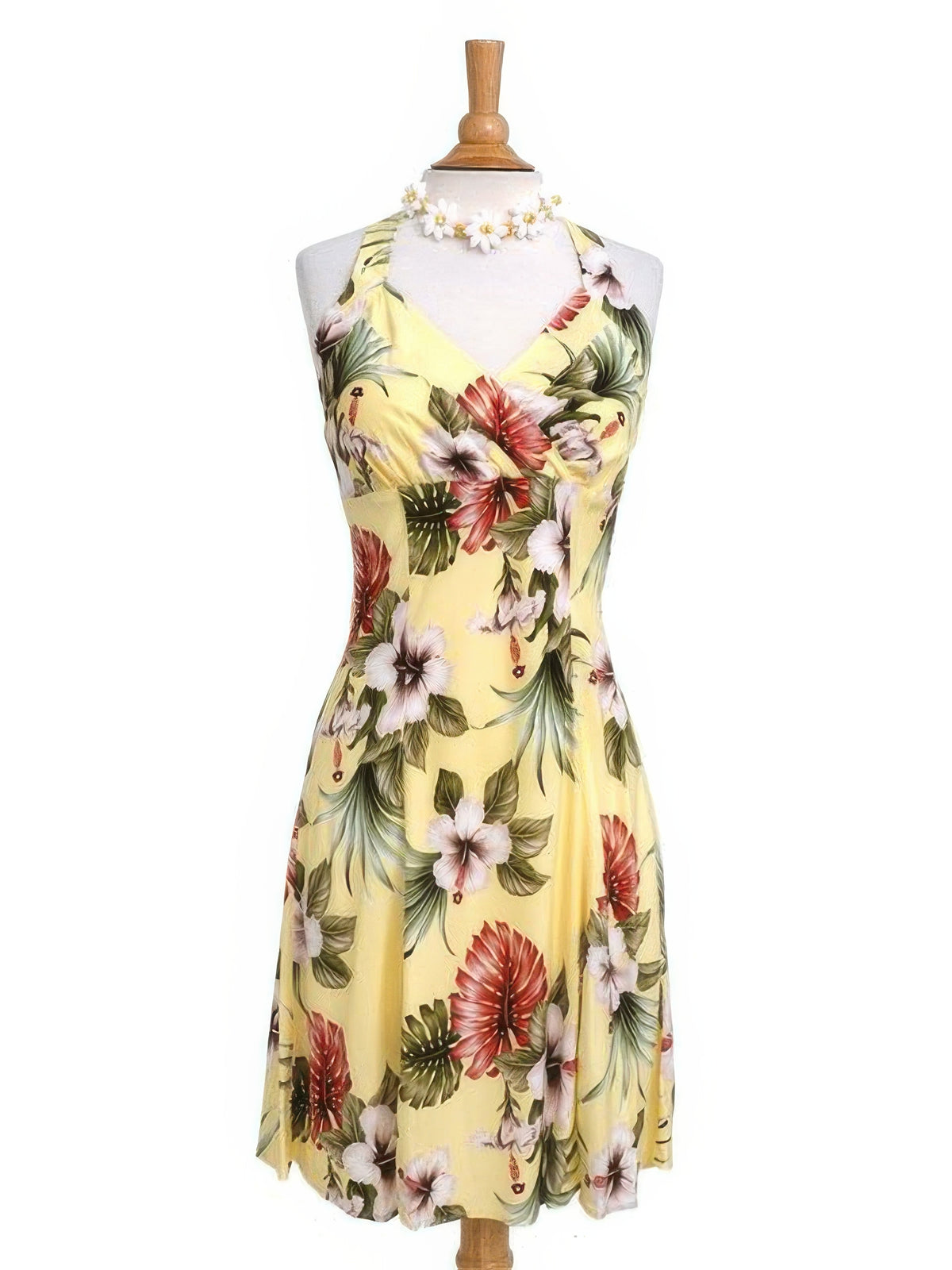 Royal Hawaiian Creations - Hibiscus & Monstera Light Yellow Rayon Hawaiian Halter Neck Midi Dress XS Royal Hawaiian Creations - Hibiscus & Monstera Light Yellow Rayon Hawaiian Halter Neck Midi Dress XS