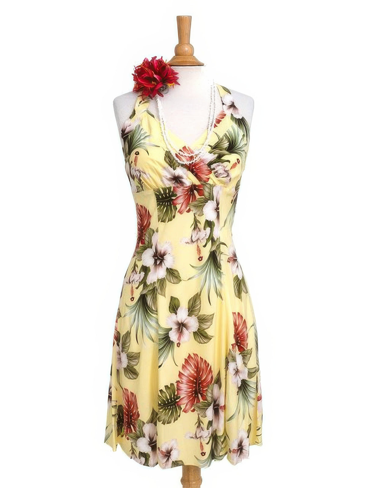 Royal Hawaiian Creations - Hibiscus & Monstera Light Yellow Rayon Hawaiian Halter Neck Midi Dress XS Royal Hawaiian Creations - Hibiscus & Monstera Light Yellow Rayon Hawaiian Halter Neck Midi Dress XS
