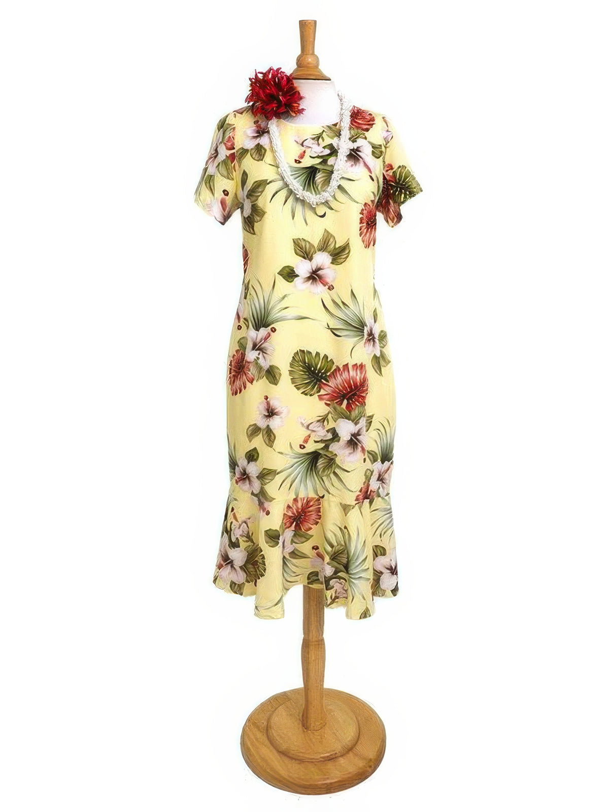 Royal Hawaiian Creations - Hibiscus & Monstera Light Yellow Rayon Hawaiian Amber Sleeve Midi Dress