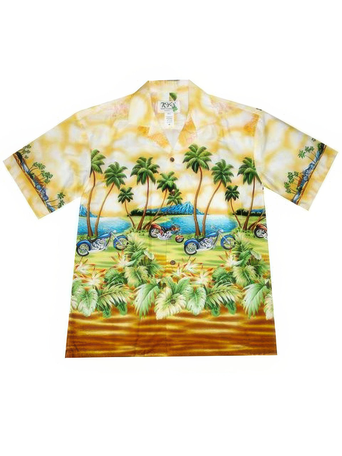 Ky's - Motorcycle & Palm Tree Yellow Cotton Poplin Men's Hawaiian Shirt