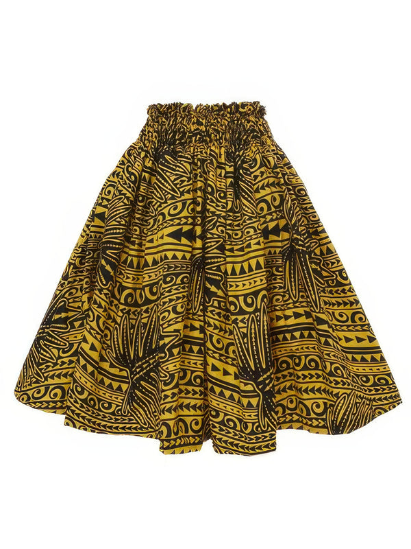 Ka Makani - Tapa & Laua'e Fern Black & Yellow Poly Cotton Hula Pau Skirt / 3 Bands