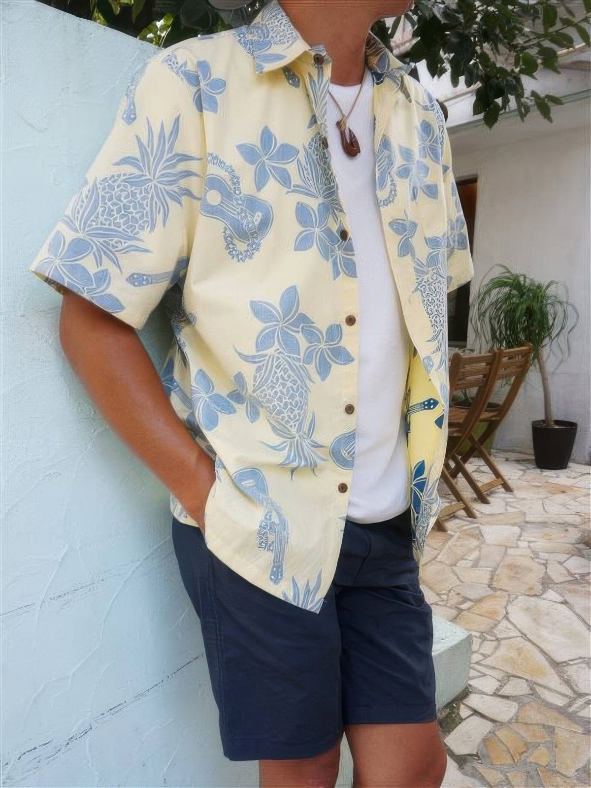 Two Palms - Ukulele Yellow Cotton Men's Reverse Printing Hawaiian Shirt