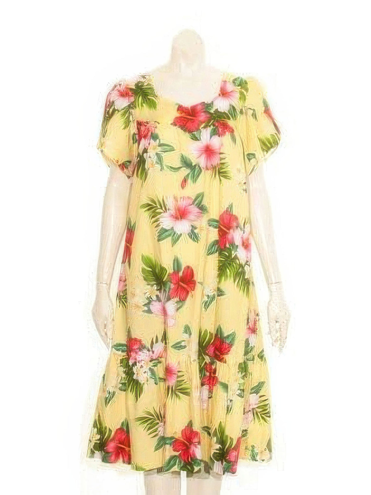 Hilo Hattie - Hibiscus Plumeria Yellow Cotton Tulip Sleeve Zipper Back Short Muumuu Dress